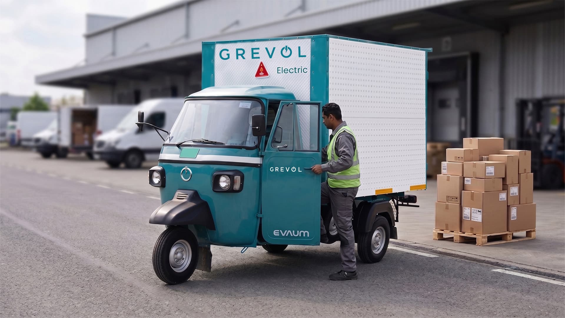 Driver standing beside a GREVOL EVAUM cargo vehicle